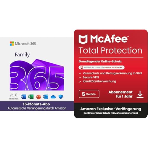 Microsoft 365 Family | 15 Monate | 6 Nutzer | Office & 6TB Cloud | PC/Mac/Mobile + McAfee Total Protection | 5 Geräte | Antivirus & VPN | PC/Mac/Mobile | 1 Jahr Auto-Renewal von Microsoft