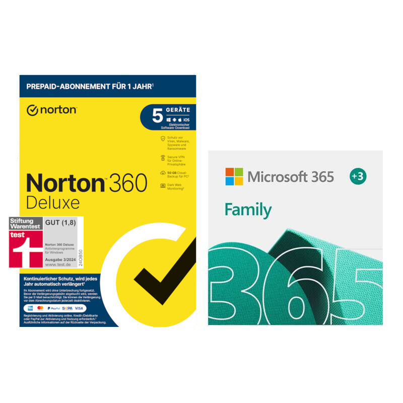 Microsoft 365 Family [6 User] + Norton 360 Deluxe [5 User] - [1 Jahr + 3 Monate extra] von Microsoft