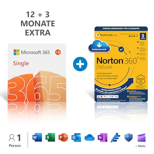 Microsoft 365 Single | 12+3 Monate, 1 Nutzer | PCs/Macs & mobile Geräte | Aktivierungscode per E-Mail + NORTON 360 Deluxe | 15 Monate mit Automatischer Verlängerung, 5 Geräte | von Microsoft