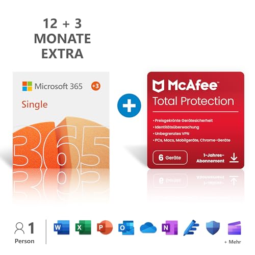 Microsoft 365 Single 12+3 Monate Abonnement | 1 Nutzer | Mehrere PCs/Macs, Tablets und mobile Geräte | Download Code + McAfee Total Protection | 6 Geräte | 12 Monate Abonnement | Download Code von Microsoft
