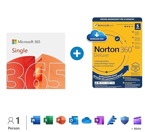 Microsoft 365 Single | 1 Jahr | 1 Person | Office Apps mit KI | 1 TB Cloudspeicher + Norton 360 Deluxe │ 5 Geräte│ Aktivierungscode per E-Mail von Microsoft