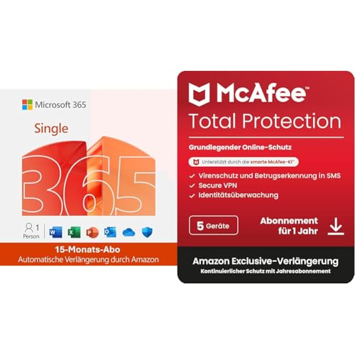 Microsoft 365 Single | 15 Monate | 1 Nutzer | Office & 6TB Cloud | PC/Mac/Mobile + McAfee Total Protection | 5 Geräte | Antivirus & VPN | PC/Mac/Mobile | 1 Jahr Auto-Renewal von Microsoft