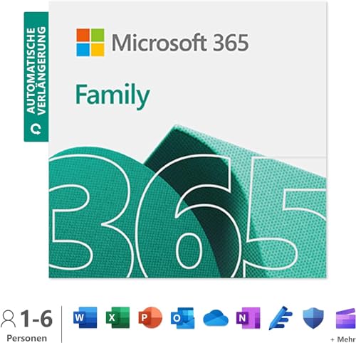 [T] Microsoft 365 Family | 12+3 Monate mit automatischer Verlängerung, bis zu 6 Nutzer | Word, Excel, PowerPoint | 1TB OneDrive Cloudspeicher | PCs/Macs & mobile Geräte | Aktivierungscode per E-Mail von Microsoft