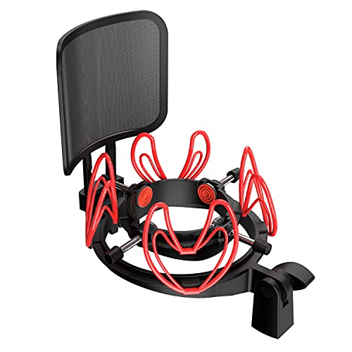 Mictop Universal-Mikrofon-Stoßhalterung mit Pop-Filter für alle Mikrofone mit einer Größe von 21 mm - 62 mm, inklusive Anti-Vibrationsmikrofonhalterung und Pop-Filter (rot) von Mictop