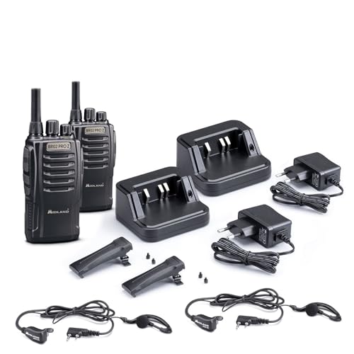 Midland BR02 Pro Z C1524, 2 Radio-Transceiver, professioneller Walkie-Talkie mit 32 Kanälen PMR446, 2 MA-21LKI Kopfhörer, 2 Gürtelclips, 2000 mAh Akkus bis zu 24 Stunden, Schwarz von MIDLAND
