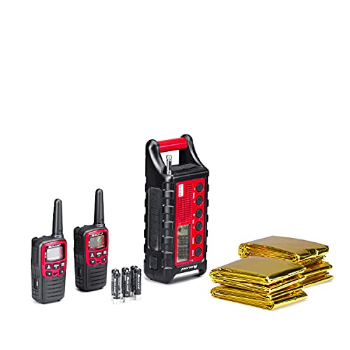 Midland EK35 Emergency Kit - Survival Kit für Wanderer mit 2 PMR446 XT30 Walkie Talkie Transceivern, 2 Sets Wiederaufladbare AAA Batterien, ER300 Notstrombank, Anschlusskabel, 4 Thermodecken von Midland