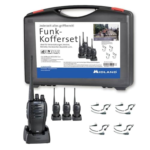 Midland G10 Pro PMR 4er Handwerker-Kofferset, C1107.S2, PMR446-Funkgeräte,16 vorprogrammierte Kanäle, mit MA21-LK Security Headsets inkl. Einzel-Standlader und 1200 mAh Li-Ion Akku, Gürtelclip Midland G10 Pro PMR 4er Handwerker-Kofferset, C1107.S2, PMR446-Funkgeräte,16 vorprogrammierte Kanäle, mit MA21-LK Security Headsets inkl. Einzel-Standlader und 1200 mAh Li-Ion Akku, Gürtelclip von Midland