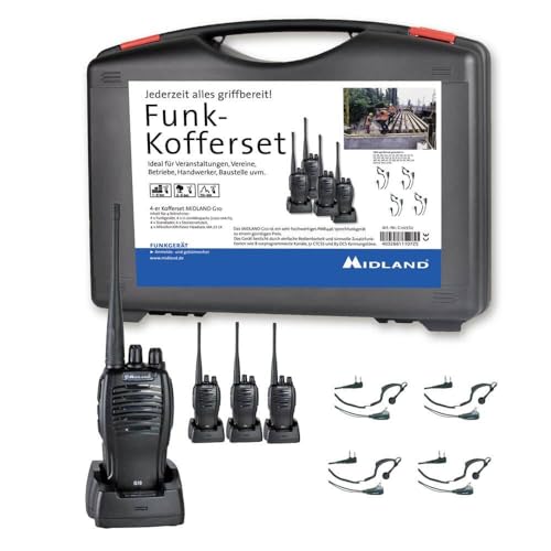 Midland G10 Pro PMR 4er Handwerker-Kofferset, C1107.S2, PMR446-Funkgeräte,16 vorprogrammierte Kanäle, mit MA21-LK Security Headsets inkl. Einzel-Standlader und 1200 mAh Li-Ion Akku, Gürtelclip von Midland