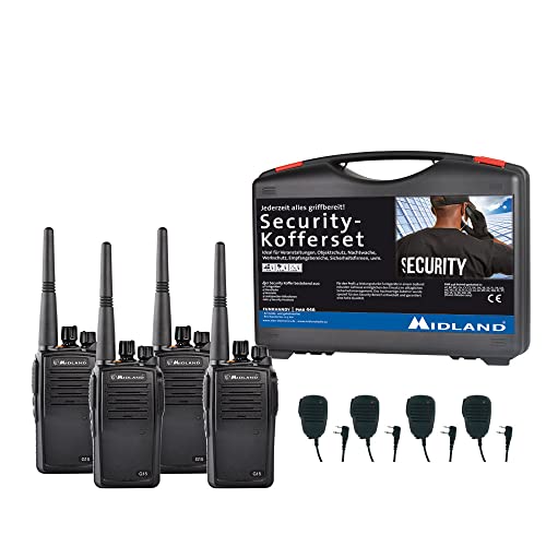 Midland G15 Pro 4er Security-Kofferset, C1127.S3, PMR446-Funkgeräte inkl.1600mAh Lithium-Ionen Akkupack, Standlader und MA 25-M Lautsprechermikrofone von Midland
