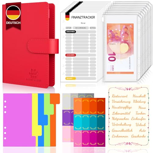 Budget Planner Deutsch Budget Binder A6 - Vollständig Deutsch Design, Bugetplaner mit Folien Deutsch, Finanzplaner, Geld Organizer, Cash Stuffing Deutsch Set, Haushaltsbuch mit Geldfächer(rot) von Midukit