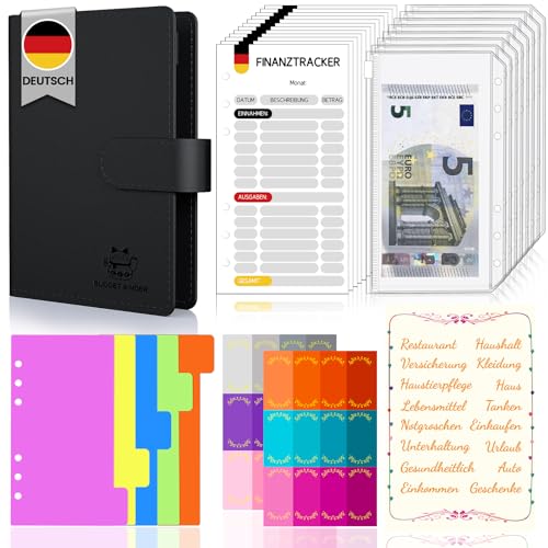 Budget Planner Deutsch Budget Binder A6 - Vollständig Deutsch Design, Bugetplaner mit Folien Deutsch, Finanzplaner, Geld Organizer, Cash Stuffing Deutsch Set, Haushaltsbuch mit Geldfächer (Black) von Midukit