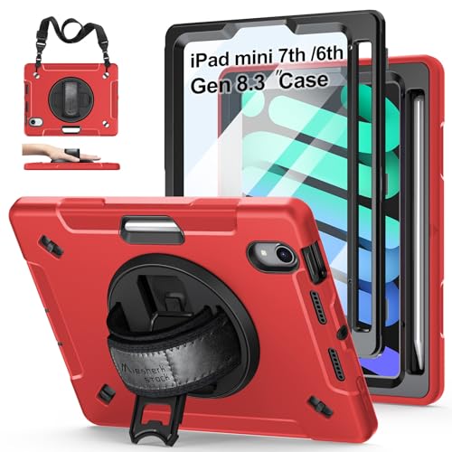 Schutzhülle für iPad Mini 7 (A17 Pro) 2024: Militärqualität, TPU-Schutzhülle für iPad Mini 7. / 6. Generation, 21,6 cm (8,3 Zoll), mit Displayschutzfolie, Ständer, Griff, Schultergurt, Stifthalter, von Miesherk STOCK