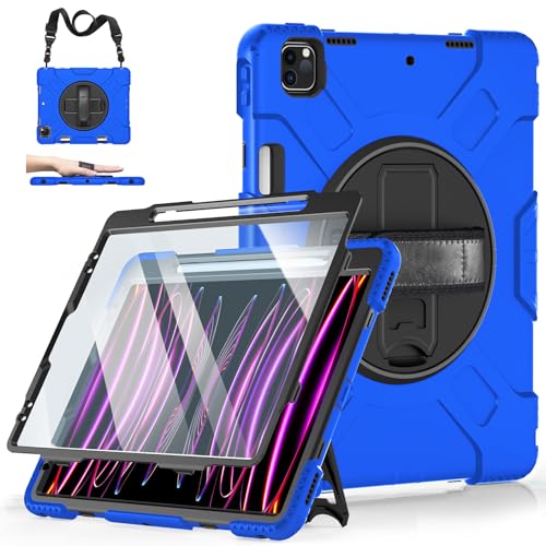 Miesherk STOCK iPad Pro 12.9 4th Generation Case 2020 With Pencil Holder Support Pencil Charging, Heavy Duty Anti-drop Protective Cover Hand Strap Shoulder Strap Stand for iPad Pro 12.9 2020/2018 Blue von Miesherk STOCK