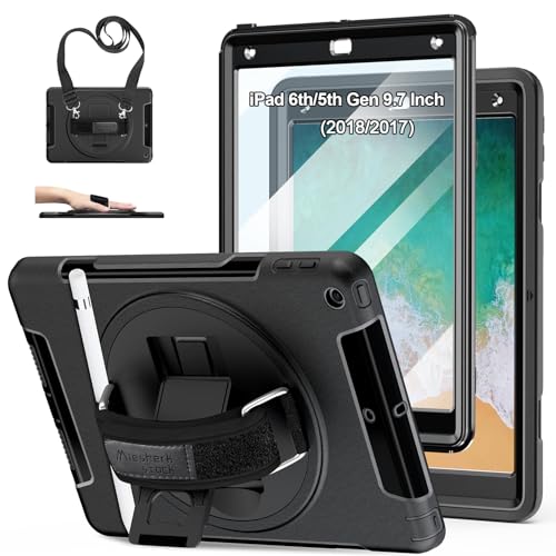 SUPFIVES STOCK iPad 9.7 Hülle, strapazierfähig, 360 drehbar, mit verstellbarem Schultergurt, stoßfest, mit Stifthalter und Handschlaufe für iPad 9.7 6. / 5. Generation Air 2 Pro 9.7 All Black von Miesherk STOCK