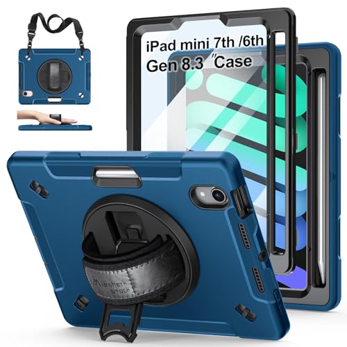 iPad Mini 6 Hülle 2021: Stoßfeste TPU-Schutzhülle für Kinder iPad Mini 6. Generation 8,3 Zoll mit Ständer + Griff + Schultergurt + Stifthalter - Blau von Miesherk STOCK
