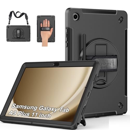 Hülle für Samsung Galaxy Tab A9 Plus: Miesherk Stoßfeste Schutzhülle Case für Galaxy Tab A9+ Plus 11 Zoll 2023 SM-X210/X216/X218-Stifthalter-360°Drehbare Ständer-Handschlaufe-Schultergurt-Schwarz von Miesherk