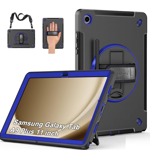 Hülle für Samsung Galaxy Tab A9 Plus: Miesherk Stoßfeste Schutzhülle Case für Galaxy Tab A9+ Plus 11 Zoll 2023 SM-X210/X216/X218-Stifthalter-360°Drehbare Ständer-Handschlaufe-Schultergurt-Blau von Miesherk