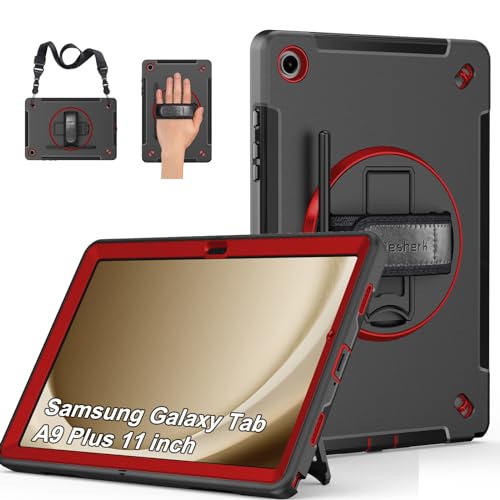 Hülle für Samsung Galaxy Tab A9 Plus: Miesherk Stoßfeste Schutzhülle Case für Galaxy Tab A9+ Plus 11 Zoll 2023 SM-X210/X216/X218-Stifthalter-360°Drehbare Ständer-Handschlaufe-Schultergurt-Rot von Miesherk