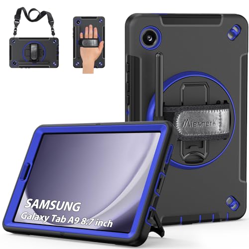 Hülle für Samsung Galaxy Tab A9: Miesherk Stoßfeste Schutzhülle Case für Galaxy Tab A9 8,7 Zoll 2023 SM-X110/X115/X117-Stifthalter-360°Drehbare Ständer-Handschlaufe-Schultergurt-Blau von Miesherk