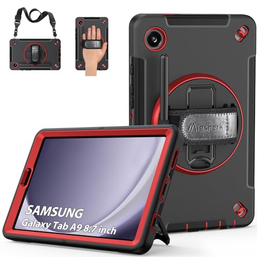 Hülle für Samsung Galaxy Tab A9: Miesherk Stoßfeste Schutzhülle Case für Galaxy Tab A9 8,7 Zoll 2023 SM-X110/X115/X117-Stifthalter-360°Drehbare Ständer-Handschlaufe-Schultergurt-Rot von Miesherk