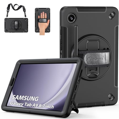 Hülle für Samsung Galaxy Tab A9: Miesherk Stoßfeste Schutzhülle Case für Galaxy Tab A9 8,7 Zoll 2023 SM-X110/X115/X117-Stifthalter-360°Drehbare Ständer-Handschlaufe-Schultergurt-Schwarz von Miesherk