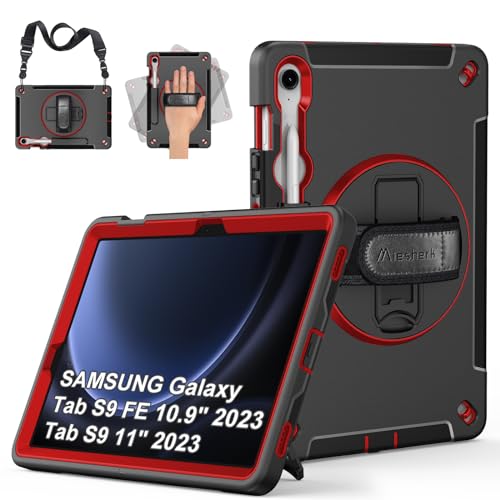Hülle für Samsung Galaxy Tab S9 FE/S9: Miesherk Stoßfeste Schutzhülle Case für Galaxy Tab S9 FE 10,9 Zoll/S9 11 Zoll 2023-Stifthalter-360° Drehbare Ständer-Handschlaufe-Schultergurt-Rot von Miesherk