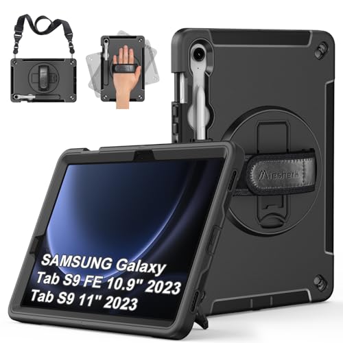 Hülle für Samsung Galaxy Tab S9 FE/S9: Miesherk Stoßfeste Schutzhülle Case für Galaxy Tab S9 FE 10,9 Zoll/S9 11 Zoll 2023-Stifthalter-360° Drehbare Ständer-Handschlaufe-Schultergurt-Schwarz von Miesherk