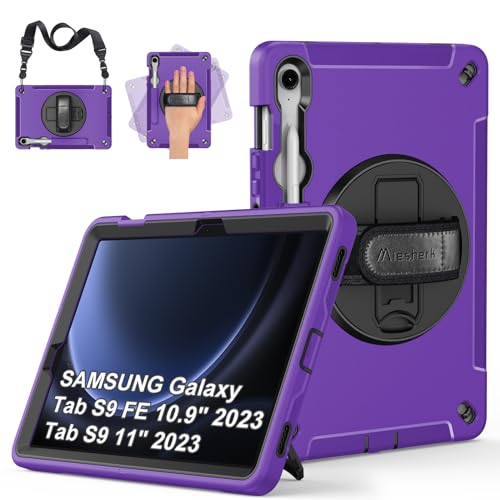 Hülle für Samsung Galaxy Tab S9 FE/S9: Miesherk Stoßfeste Schutzhülle Case für Galaxy Tab S9 FE 10,9 Zoll/S9 11 Zoll 2023-Stifthalter-360° Drehbare Ständer-Handschlaufe-Schultergurt-Violett von Miesherk