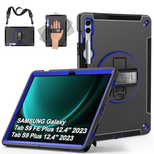 Hülle für Samsung Galaxy Tab S9 FE Plus/S9 Plus: Miesherk Stoßfeste Schutzhülle Case für Galaxy Tab S9 FE+/S9+ Plus 12.4 Zoll 2023-Stifthalter-360°Drehbare Ständer-Handschlaufe-Schultergurt-Blau von Miesherk