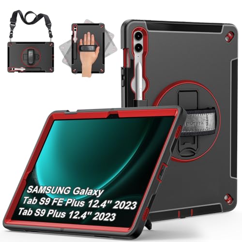 Hülle für Samsung Galaxy Tab S9 FE Plus/S9 Plus: Miesherk Stoßfeste Schutzhülle Case für Galaxy Tab S9 FE+/S9+ Plus 12.4 Zoll 2023-Stifthalter-360°Drehbare Ständer-Handschlaufe-Schultergurt-Rot von Miesherk