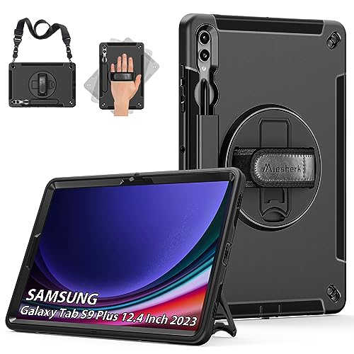 Hülle für Samsung Galaxy Tab S9 Plus: Miesherk Stoßfeste Schutzhülle Case für Galaxy Tab S9+ Plus 12.4 Zoll 2023 SM-X810/X816B/X818U-Stifthalter-360°Drehbare Ständer-Handschlaufe-Schultergurt-Schwarz von Miesherk