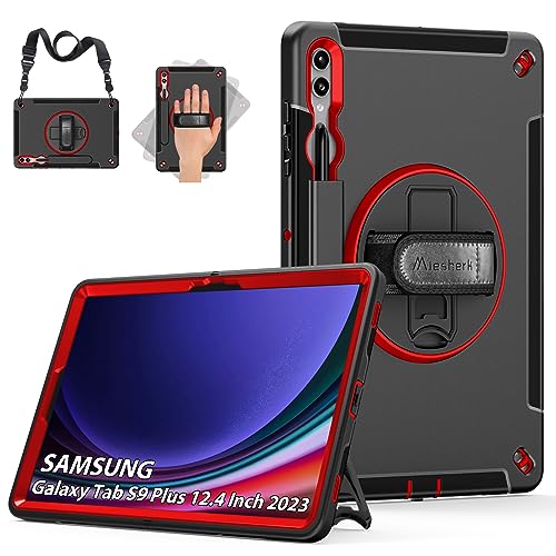 Hülle für Samsung Galaxy Tab S9 Plus: Miesherk Stoßfeste Schutzhülle Case für Galaxy Tab S9+ Plus 12.4 Zoll 2023 SM-X810/X816B/X818U-Stifthalter-360°Drehbare Ständer-Handschlaufe-Schultergurt-Rot von Miesherk