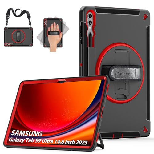 Hülle für Samsung Galaxy Tab S9 Ultra: Miesherk Stoßfeste Schutzhülle Case für Galaxy Tab S9 Ultra/S8 Ultra 14.6 Zoll 2023/2022-Stifthalter-360° Drehbare Ständer-Handschlaufe-Schultergurt-Rot von Miesherk