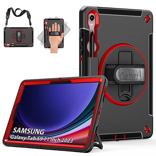 Hülle für Samsung Galaxy Tab S9: Miesherk Stoßfeste Schutzhülle Case für Galaxy Tab S9 11 Zoll 2023 SM-X710/X716B/X718U-Stifthalter-360° Drehbare Ständer-Handschlaufe-Schultergurt-Rot von Miesherk