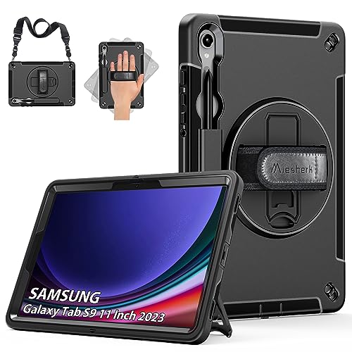 Hülle für Samsung Galaxy Tab S9: Miesherk Stoßfeste Schutzhülle Case für Galaxy Tab S9 11 Zoll 2023 SM-X710/X716B/X718U-Stifthalter-360° Drehbare Ständer-Handschlaufe-Schultergurt-Schwarz von Miesherk