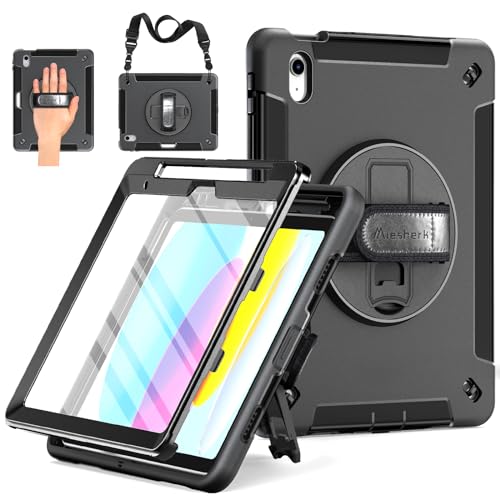 Miesherk Hülle für iPad A16 11./10.Generation 2025/2022 11/10.9 Zoll: 3-Schichte Militärische Stoßfest Schutzhülle Case-Displayschutzfolie-Stifthalter-Drehbar Ständer-Handschlaufe-Schultergurt-Schwarz von Miesherk