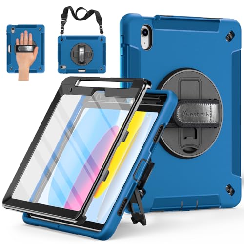 Miesherk Hülle für iPad A16 11./10.Generation 2025/2022 11/10.9 Zoll: 3-Schichte Militärische Stoßfest Schutzhülle Case-Displayschutzfolie-Stifthalter-Drehbar Ständer-Handschlaufe-Schultergurt-Blau von Miesherk