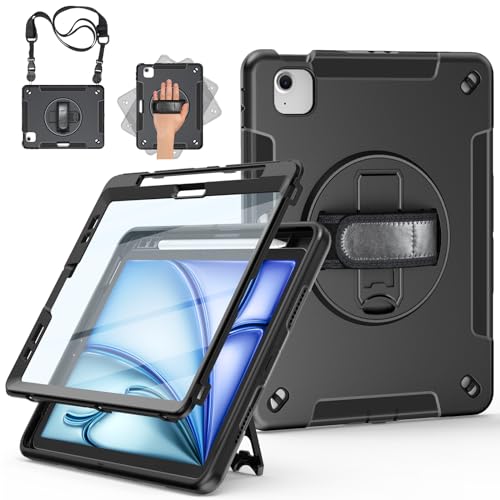 Miesherk Hülle für iPad Air 11 Zoll M3/M2 2025/2024 7./6. Gen: 3-Schichte robust stoßfest Case iPad Air 5/4 2022/2020-Displayschutzfolie-Stifthalter-Drehbarer Ständer-Handschlaufe-Schultergurt-Schwarz von Miesherk