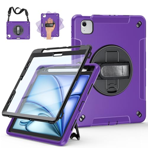 Miesherk Hülle für iPad Air 11 Zoll M3/M2 2025/2024 7./6. Gen: 3-Schichte robust stoßfest Case iPad Air 5/4 2022/2020-Displayschutzfolie-Stifthalter-Drehbarer Ständer-Handschlaufe-Schultergurt-Violett von Miesherk