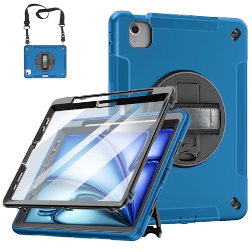 Miesherk Hülle für iPad Air 11 Zoll M3/M2 2025/2024 7./6. Gen: 3-Schichte robust stoßfest Case iPad Air 5/4 2022/2020-Displayschutzfolie-Stifthalter-Drehbarer Ständer-Handschlaufe-Schultergurt-Blau von Miesherk