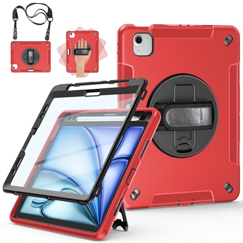 Miesherk Hülle für iPad Air 11 Zoll M3/M2 2025/2024 7./6. Gen: 3-Schichte robust stoßfest Case iPad Air 5/4 2022/2020-Displayschutzfolie-Stifthalter-Drehbarer Ständer-Handschlaufe-Schultergurt-Rot von Miesherk