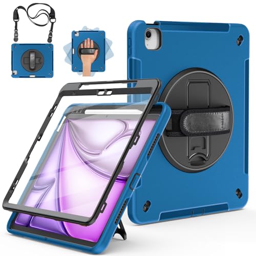 Miesherk Hülle für iPad Air 13 Zoll M3/M2 2025/2024 7./6. Gen: 3-Schichte robuste stoßfest Case mit Displayschutzfolie-Stifthalter-Drehbarer Ständer-Handschlaufe-Schultergurt-Blau von Miesherk
