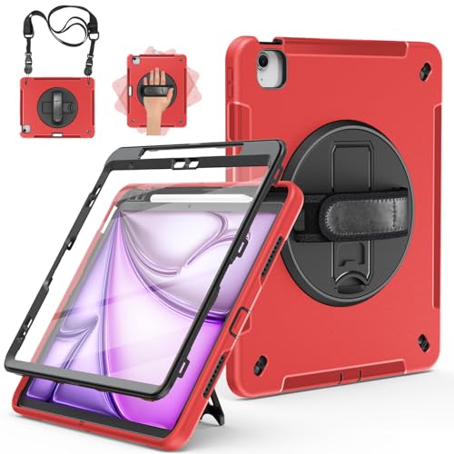 Miesherk Hülle für iPad Air 13 Zoll M3/M2 2025/2024 7./6. Gen: 3-Schichte robuste stoßfest Case mit Displayschutzfolie-Stifthalter-Drehbarer Ständer-Handschlaufe-Schultergurt-Rot von Miesherk