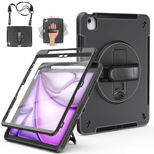 Miesherk Hülle für iPad Air 13 Zoll M3/M2 2025/2024 7./6. Gen: 3-Schichte robuste stoßfest Case mit Displayschutzfolie-Stifthalter-Drehbarer Ständer-Handschlaufe-Schultergurt-Schwarz von Miesherk