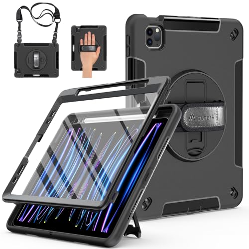 Miesherk Hülle für iPad Pro 11 2022/2021 4./3. Generation: Militärische Robuste 3-Schichte Stoßfeste Schutzhülle mit Stifthalter - 360° Drehbare Ständer-Handschlaufe - Schultergurt -Schwarz von Miesherk