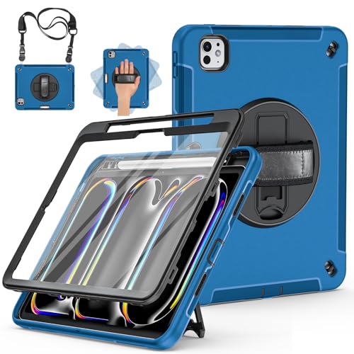 Miesherk Hülle für iPad Pro 11 2024 M4: 3-Schichte robuste stoßfest Case für iPad Pro 11 Zoll 2024 5. Generation mit Displayschutzfolie-Stifthalter-Drehbarer Ständer-Handschlaufe-Schultergurt-Blau von Miesherk