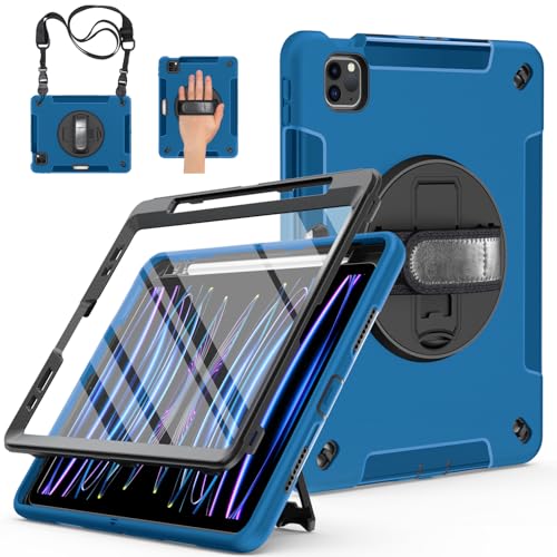 Miesherk Hülle für iPad Pro 11 Zoll 4./3./2./1.Generation: robuste stoßfest Case iPad Pro 11 2022/2021/2020/2018 mit Displayschutzfolie-Stifthalter-Drehbare Ständer-Handschlaufe-Schultergurt-Blau von Miesherk