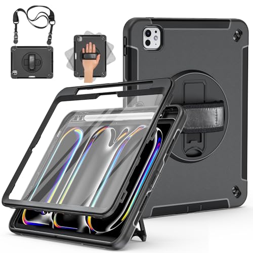 Miesherk Hülle für iPad Pro 11 Zoll 2024 M4: 3-Schichte robuste stoßfest Case für iPad 11 Pro 2024 5. Generation mit Displayschutzfolie-Stifthalter-Drehbarer Ständer-Handschlaufe-Schultergurt-Schwarz von Miesherk