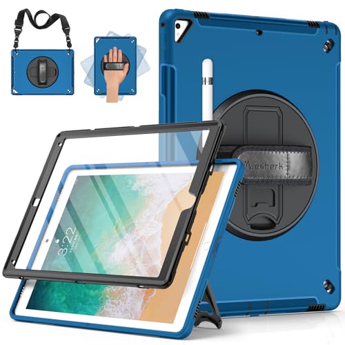 Miesherk Hülle für iPad Pro 12.9 2./1. Generation 2017/2015: 3-Schichte Robuste Stoßfest Case-Displayschutzfolie-Stifthalter-Drehbare Ständer-Handschlaufe-Schultergurt-Blau von Miesherk