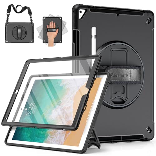 Miesherk Hülle für iPad Pro 12.9 2./1. Generation 2017/2015: Militärische Stoßfeste Schutzhülle Case Cover für iPad Pro 12.9 Zoll-Stifthalter-360° Drehbare Ständer-Handschlaufe-Schultergurt-Schwarz von Miesherk